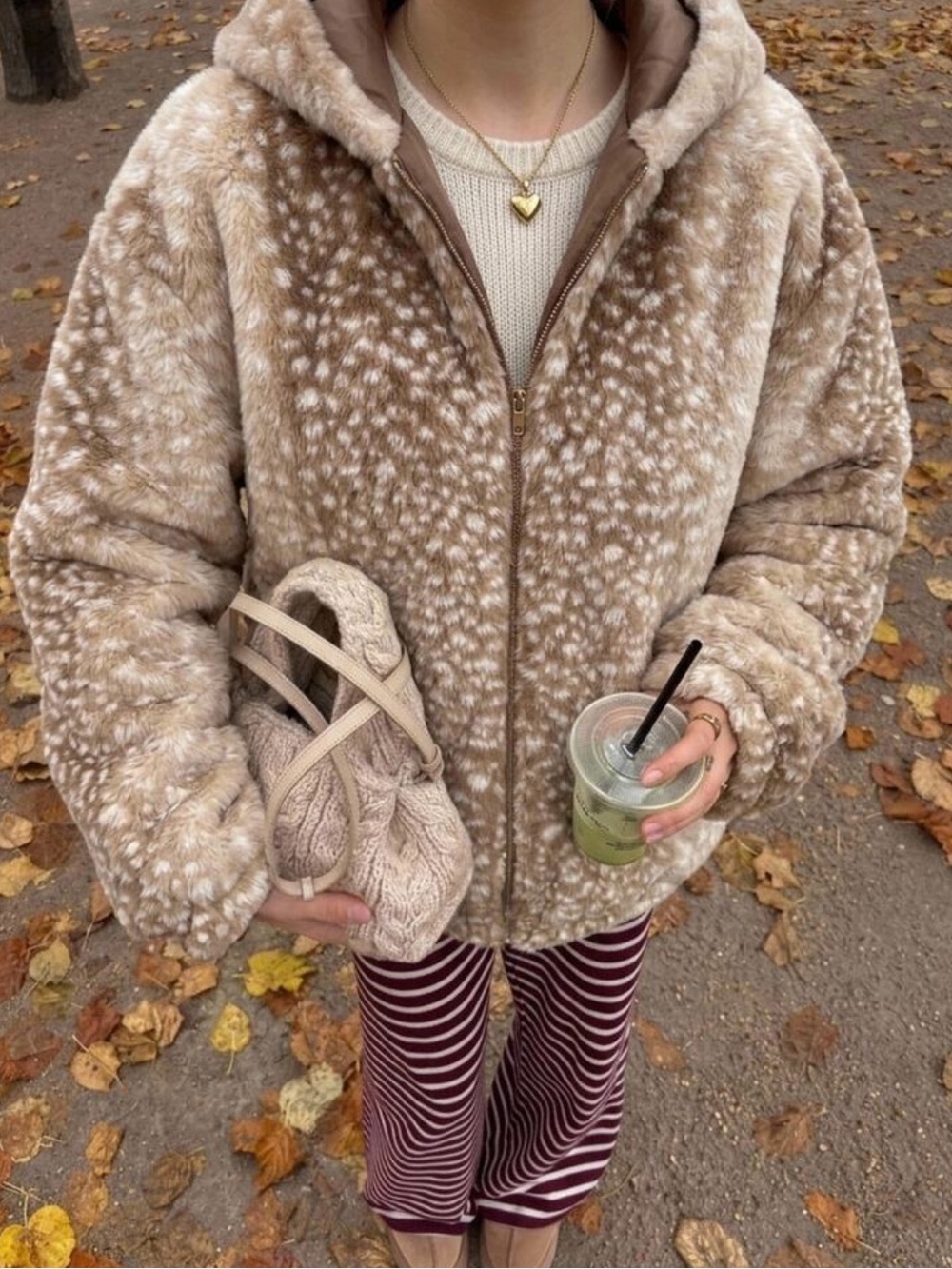 Cozy Deer Print Speckled Taupe Teddy Jacket with Hood